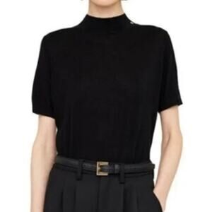 Annie Bing Wool Cashmere Short Sleeve Sweater Mock Neck Lightweight Black  XS/S